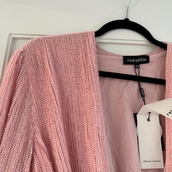 Retrofete Gabrielle Sequin Robe Wrap Mini Dress Sz XS Dusty Rose Blouson Sleeves - Picture 9 of 15